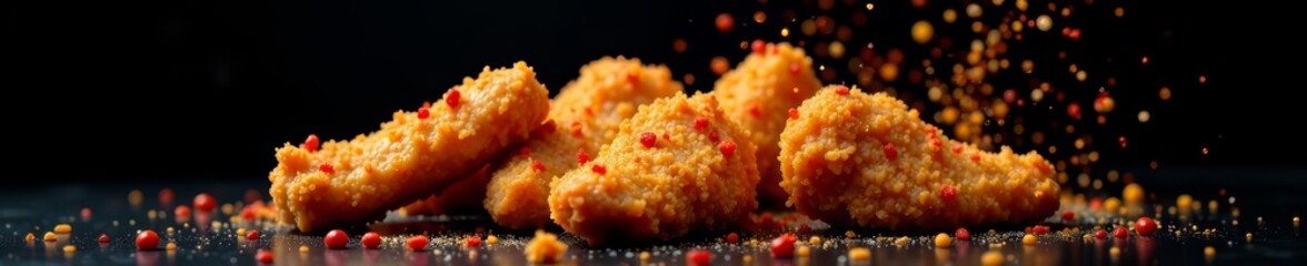 Explosive splash of crispy fried chicken with hot spices on black background, meal, delicious