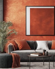 Elegant living room interior with gray sofa orange pillows and artwork against textured orange wall creating a cozy and stylish home ambiance perfect for relaxation