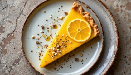 A lemon tart on the right of a neutral plate, top down