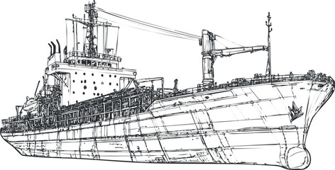 Obraz premium Detailed black and white sketch of a large cargo ship used for maritime freight and transportation