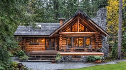 A cozy log cabin features a stone chimney, porch, and lights. Perfect for ads for vacation rentals or secluded getaways.