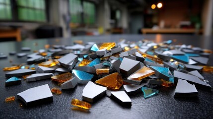 Broken glass and ceramic pieces scattered on a dark surface in a workshop or studio setting