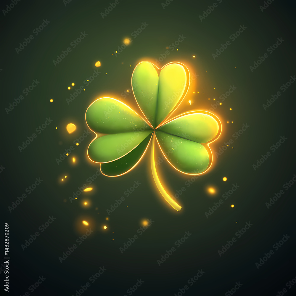 Poster glowing four-leaf clover symbol against dark background in springtime generative ai