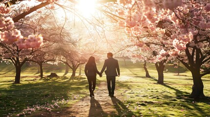 Fototapeta premium Couple walking hand in hand under cherry trees