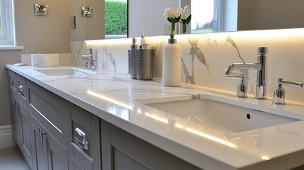 Integrated LED vanity lighting strip installed under cabinet lip