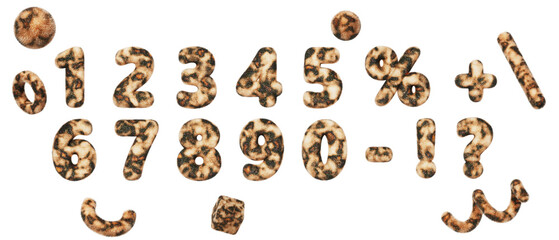 Fototapeta premium 3d leopard print font, fluffy numbers from 0 to 9. Digits, symbols and abstract geometric shapes with wild african cat skin texture, cheetah fur pattern. Isolated render icon set. 3D illustration