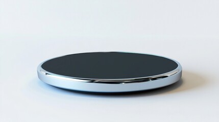 Circular metallic platform, dark top, light rim, isolated.