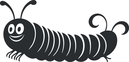 Cartoon illustration of a smiling black caterpillar with antennae and multiple legs crawling