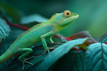 Fototapeta premium A small green chameleon sits on leaf
