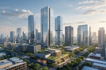 Obraz premium Vibrant Business District Urban Landscape Featuring Skyscrapers and Modern Architecture