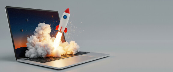 Rocket launching from laptop with smoke, fire, sparks, concept of startup growth, tech innovation, product launch, digital transformation, creative business, success. National Startup Day banner