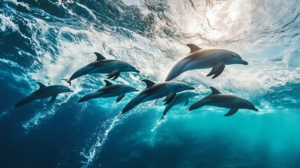 Naklejka premium A pod of dolphins swims gracefully beneath the sparkling ocean surface, showcasing their playful nature and agility.