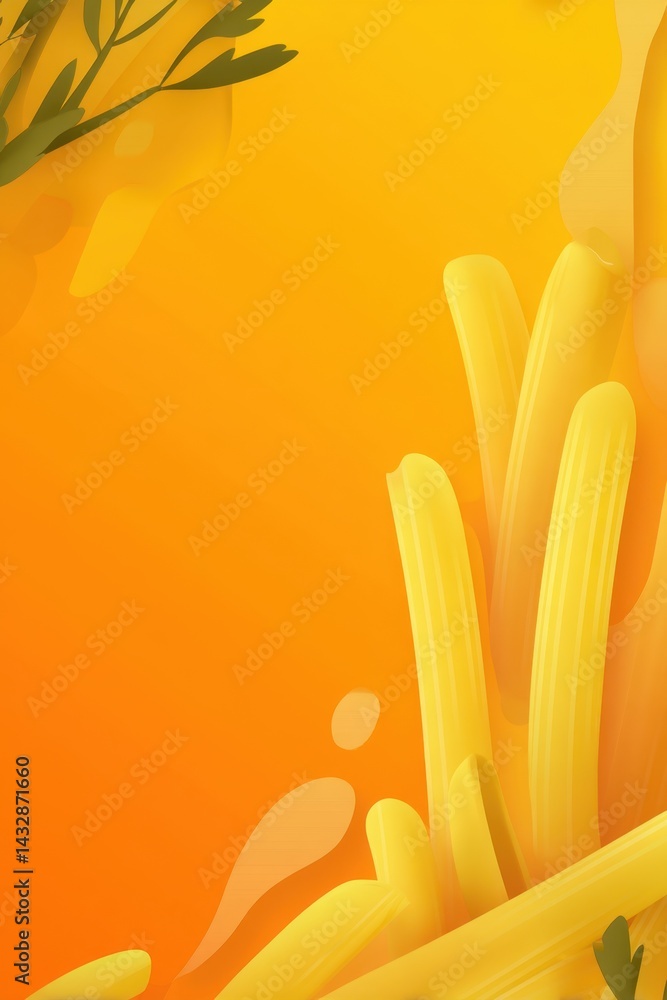 Poster vibrant yellow background with abstract pasta shapes and botanical elements creating a modern and in