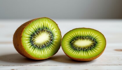 Half kiwi fruit placed right, vibrant green cut
