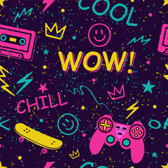 Neon retro pattern with cassette tapes, skateboards, gamepads, graffiti words and splashes. Fun and funky seamless design for teen clothing, tech accessories, and creative packaging.