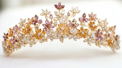 Exquisite floral tiara with sparkling crystals and delicate gold accents on a soft white background captures the elegance and beauty of royalty in a timeless style