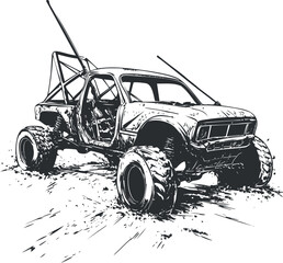Black and white drawing of an offroad monster truck kicking up mud on rough terrain © vadymstock