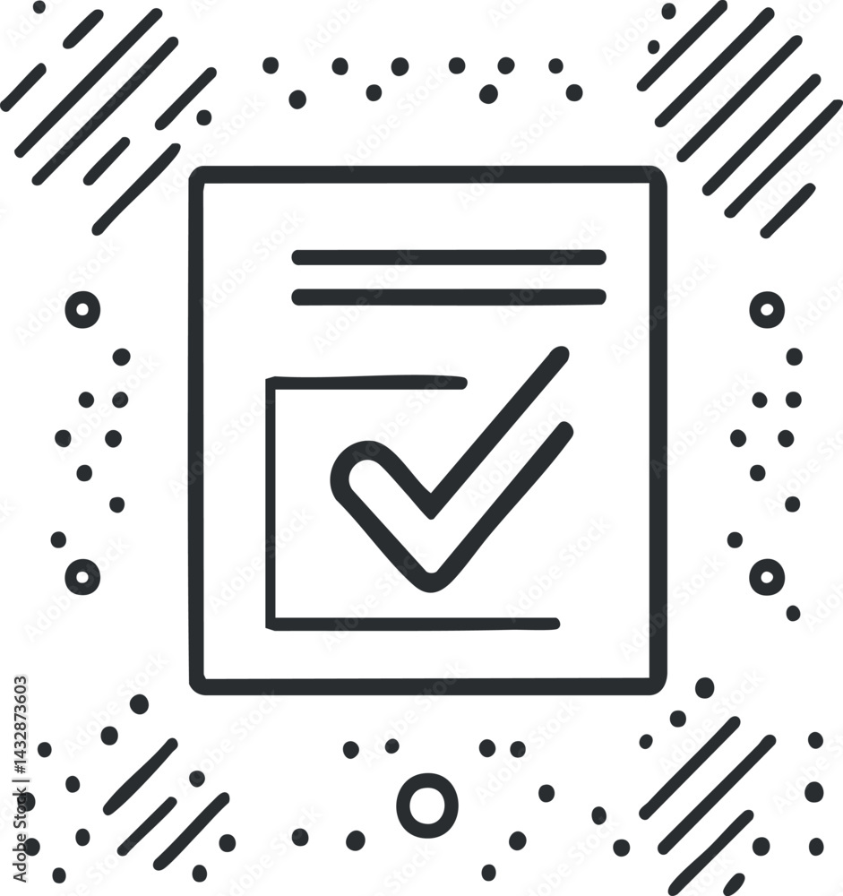 Aufkleber line icon of a document or form with a check mark symbol representing approval or confirmation