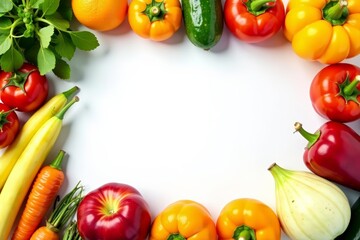 Fresh assortment of vibrant vegetables and fruits on white background, market, organic, produce