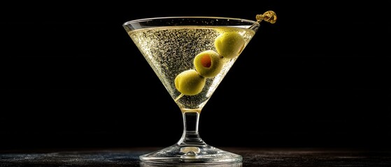 Elegant martini cocktail with green olives on a black background creating a sophisticated and refreshing beverage experience for a classic drink in a stylish setting