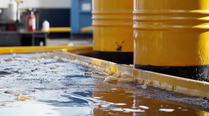 Spill containment berm around large chemical barrels outdoors
