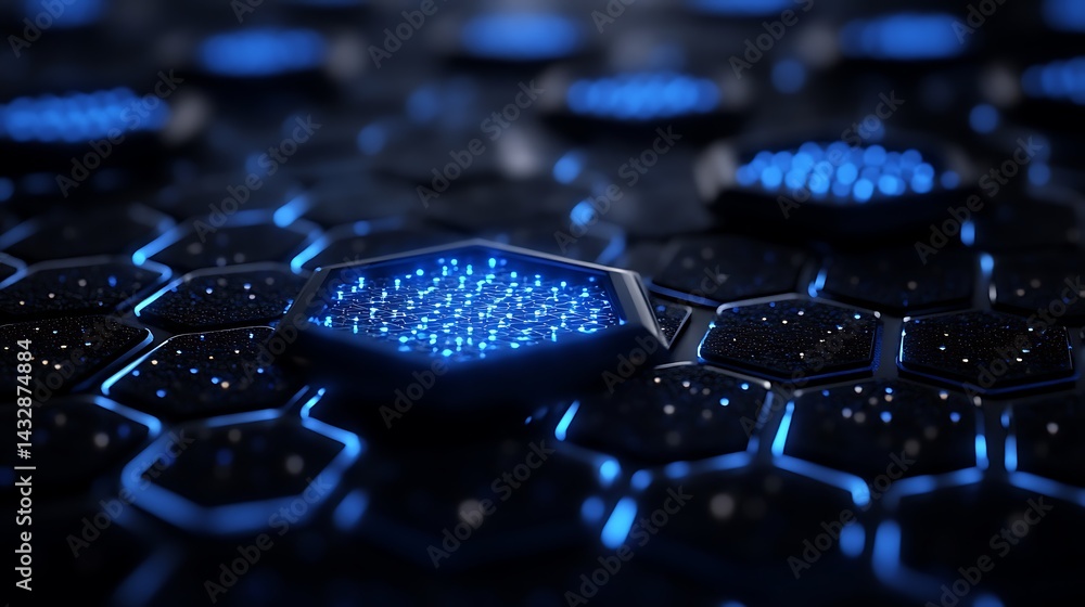 Poster futuristic hexagonal digital pattern, futuristic digital hexagonal pattern with glowing blue lights 