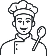 Line art illustration of a smiling chef wearing a hat and uniform holding a spoon