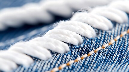 Close-Up Detail of Faded Blue Denim Texture with White Stitching