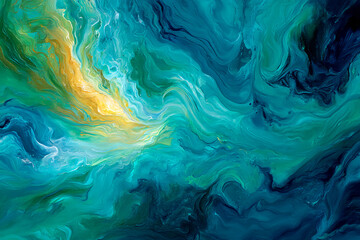 Abstract painting turquoise, teal, gold swirls texture, dynamic fluid motion, evokes ocean depth, nature's energy