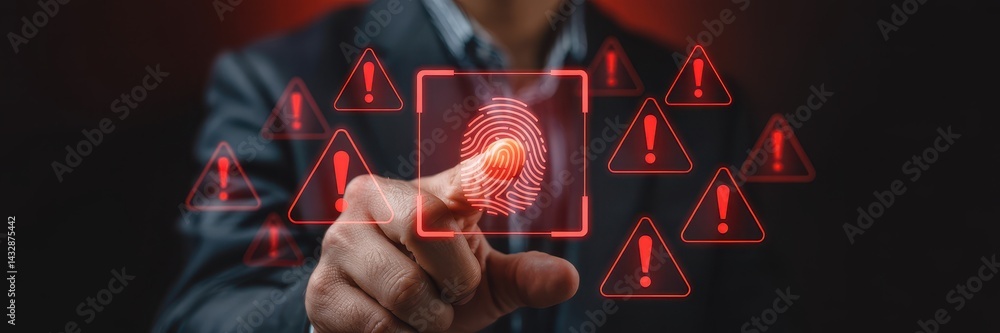 Poster interactive biometric verification with warning signs.