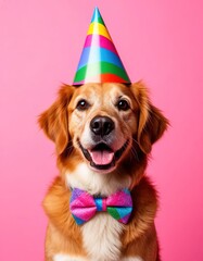 dog in bow tie and party hat. funny card with cute animal.