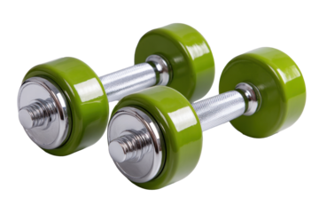Two vibrant green dumbbells sit on a stark white background, perfect for enhancing a workout space or fitness routine