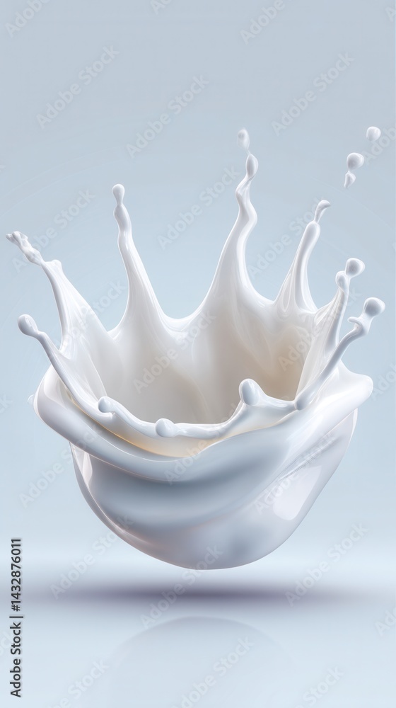 Poster dynamic milk splash creating crown shape on soft background showcasing liquid motion and creamy text