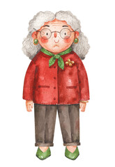 Beautiful old lady. Watercolor cartoon illustration isolated on white background. Stylish grandmother. Happy elderly woman. Hand-drawn picture for greeting card print