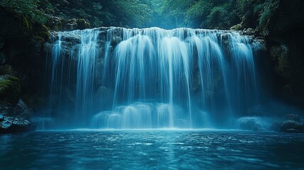 Serene Waterfall Cascading into a Deep Blue Pool