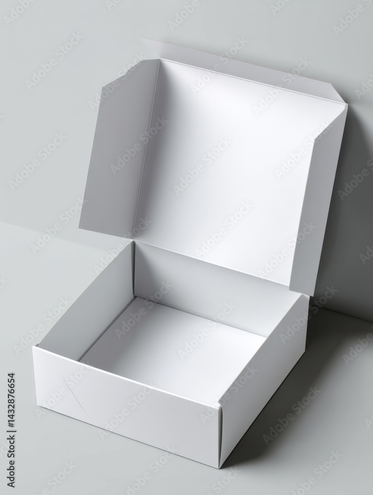 Poster minimalist white cardboard box open on gray background showcasing clean lines and simple design perf