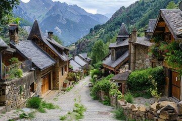 Fototapeta premium Quaint mountain village with stone cottages and cobblestone street, nestled against towering mountains, A picturesque mountain village with quaint cottages and winding cobblestone streets