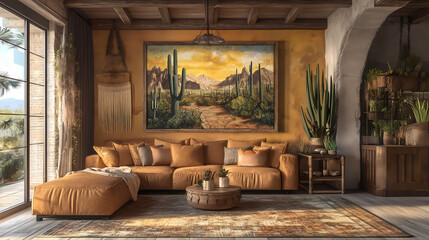 Industrial boho-chic desert living room with desert landscape murals and natural lighting