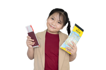 Girl holding passport, airplane ticket and map on isolated background