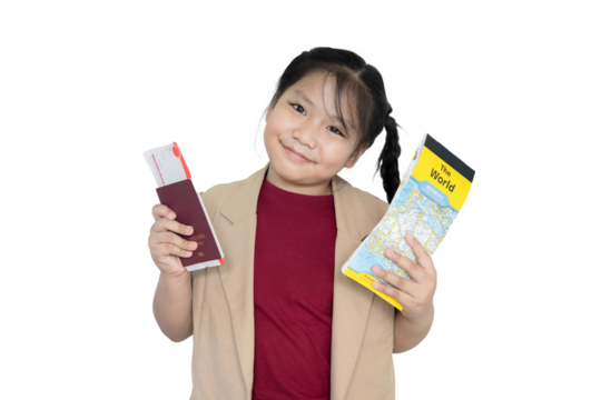 Girl holding passport, airplane ticket and map on isolated background