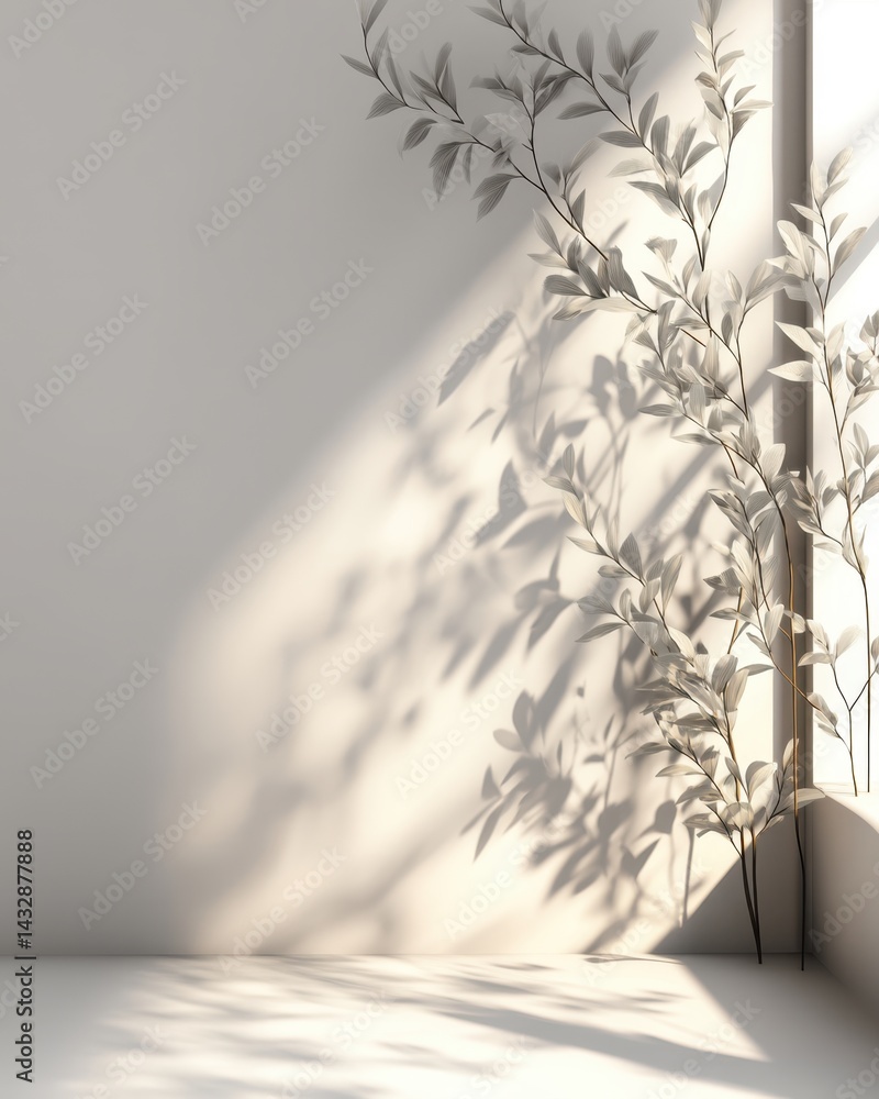 Poster serene interior scene featuring delicate branches casting soft shadows on a minimalist white wall cr