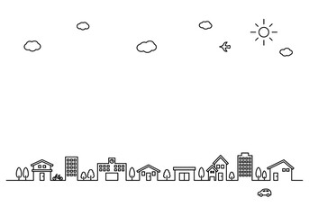シンプルな街並みと空の線画フレームイラスト