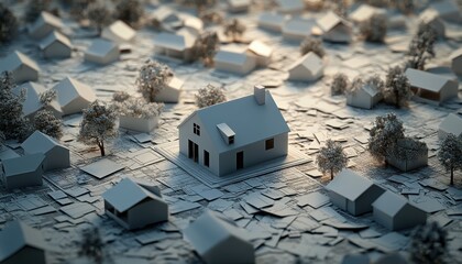Submerged neighborhood miniature model.  A grayscale miniature town, possibly depicting a disaster.  A central house stands above the surrounding damaged structures