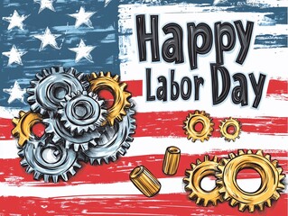 Inscription "Happy Labor Day" on American flag background with gears and nuts