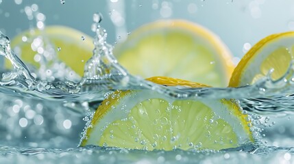 A refreshing splash of lemon-lime soda creating ripples against a light blue background.