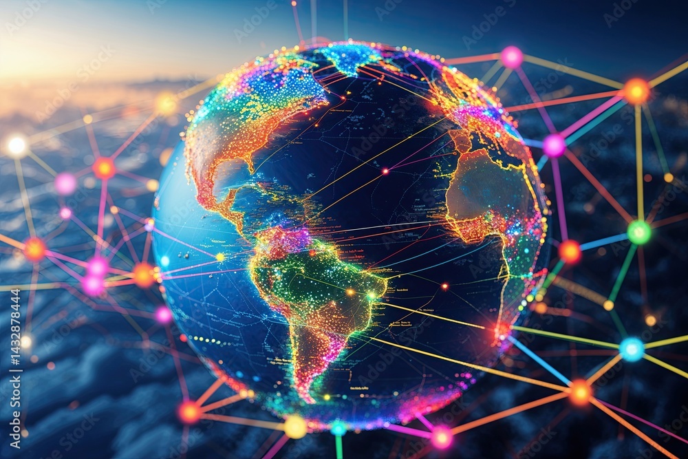 Poster dynamic globe spinning with multicolored lines connecting cities for global information exchange