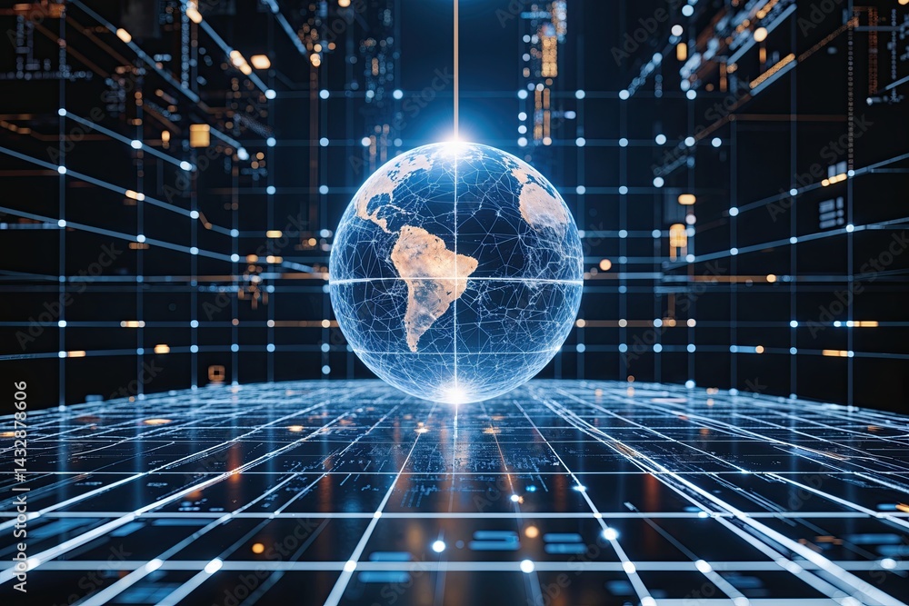 Poster planetary digital network concept abstract sphere in cyberspace framework