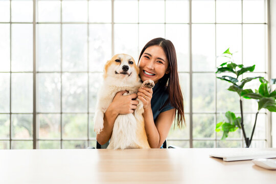 Happy young woman holding adorable corgi dog in bright modern home office, showcasing companionship, remote work-life balance, and pet-friendly lifestyle with natural light and joyful emotion.