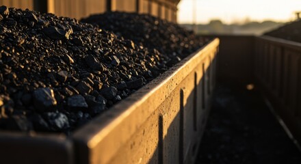 Fototapeta premium Coal transportation in train carriage at sunset