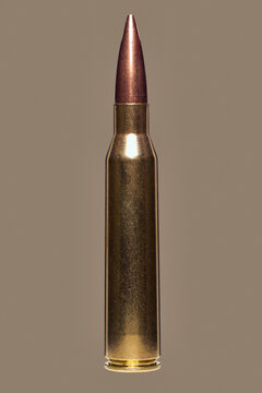 Close up studio shot .338 bullet cartridge on brown background
